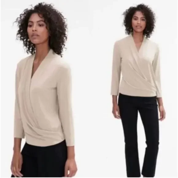 M.M. LAFLEUR The Deneuve Wrap Knit Crepe Creme Top Plus Size +1 - Picture 2 of 9